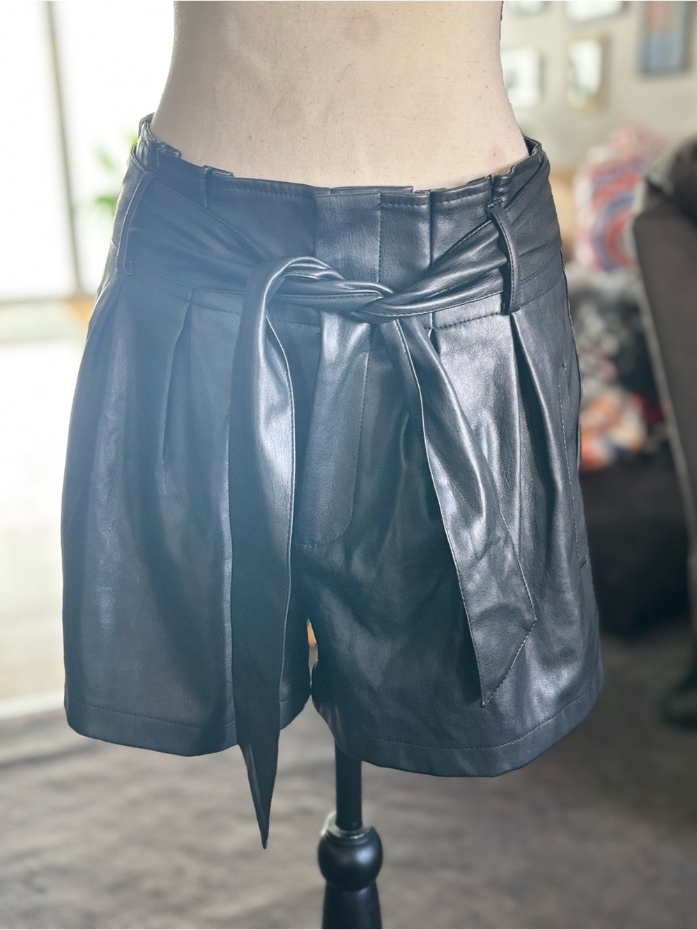 NWOT High-Waist Black Faux Leather Pleated Tie-Belt Women's Shorts